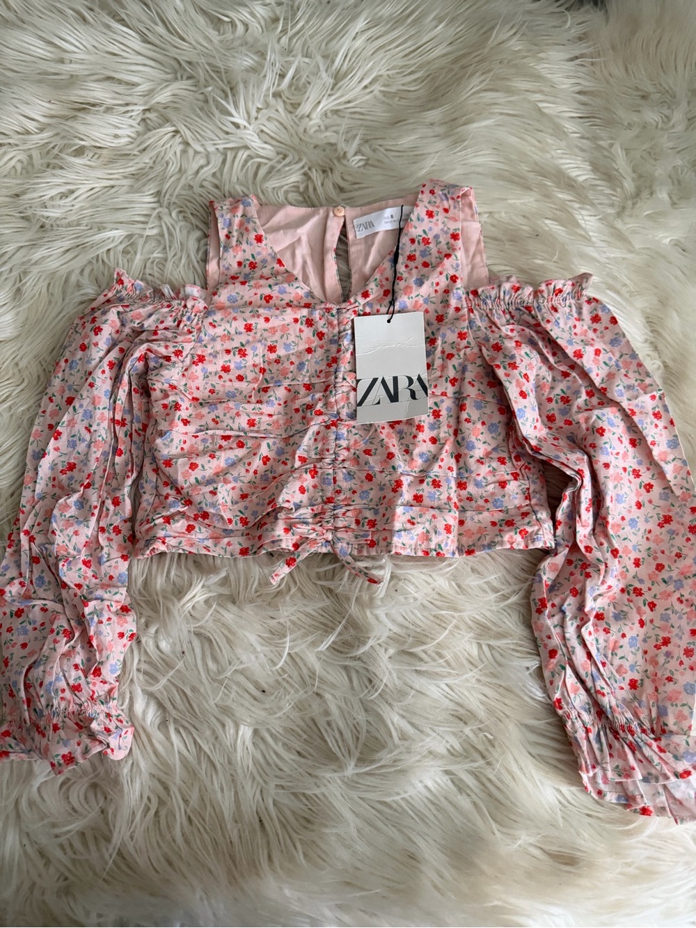 Zara Girls Pink Floral Cold-Shoulder Crop Top